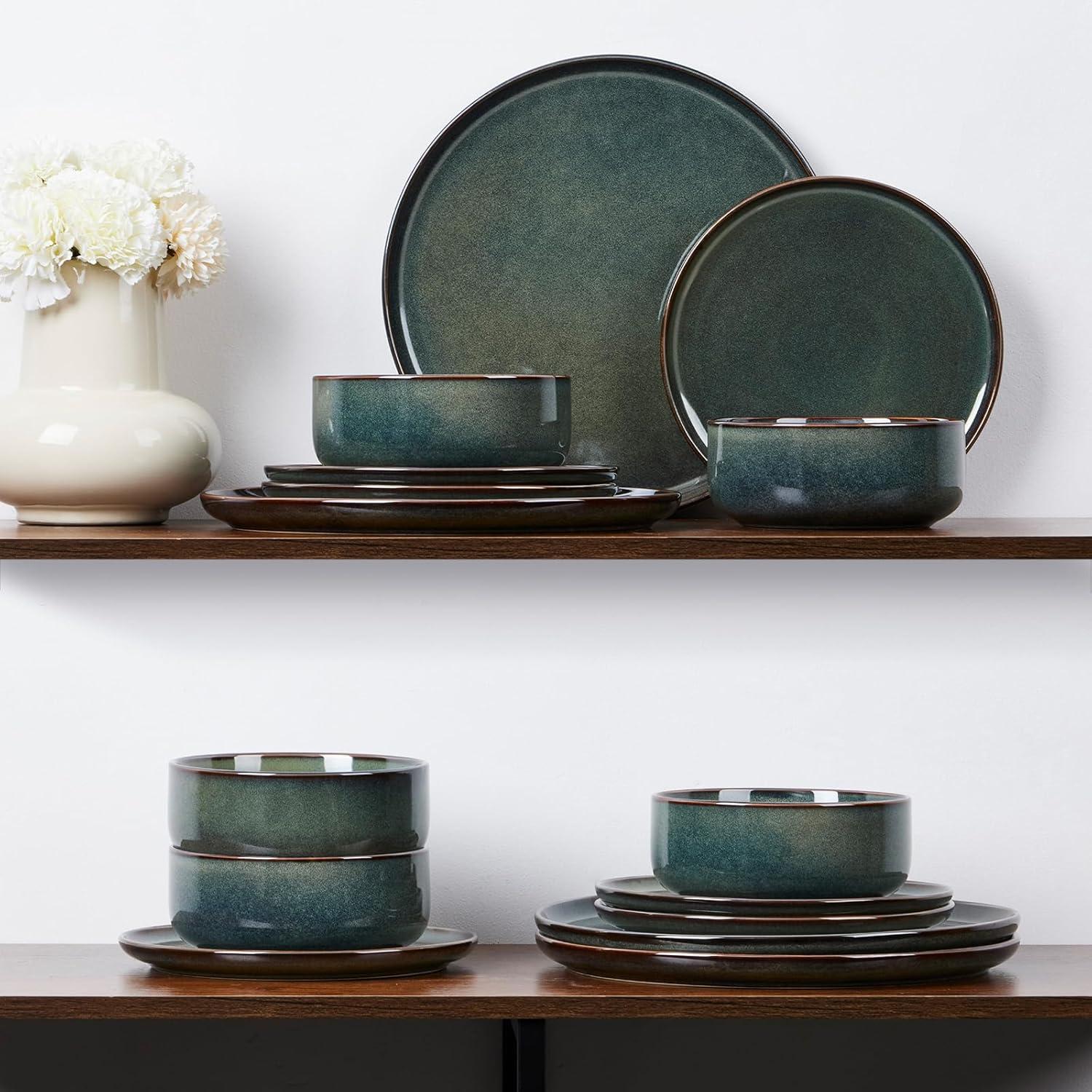 image:imageEfar Dinnerware Sets for 4 12Piece Stoneware Plates and Bowls Set Ceramic Dishes Reactive Glaze Dinning Ware Microwave amp Dishwasher Safe  Obsidian GreenObsidian Green