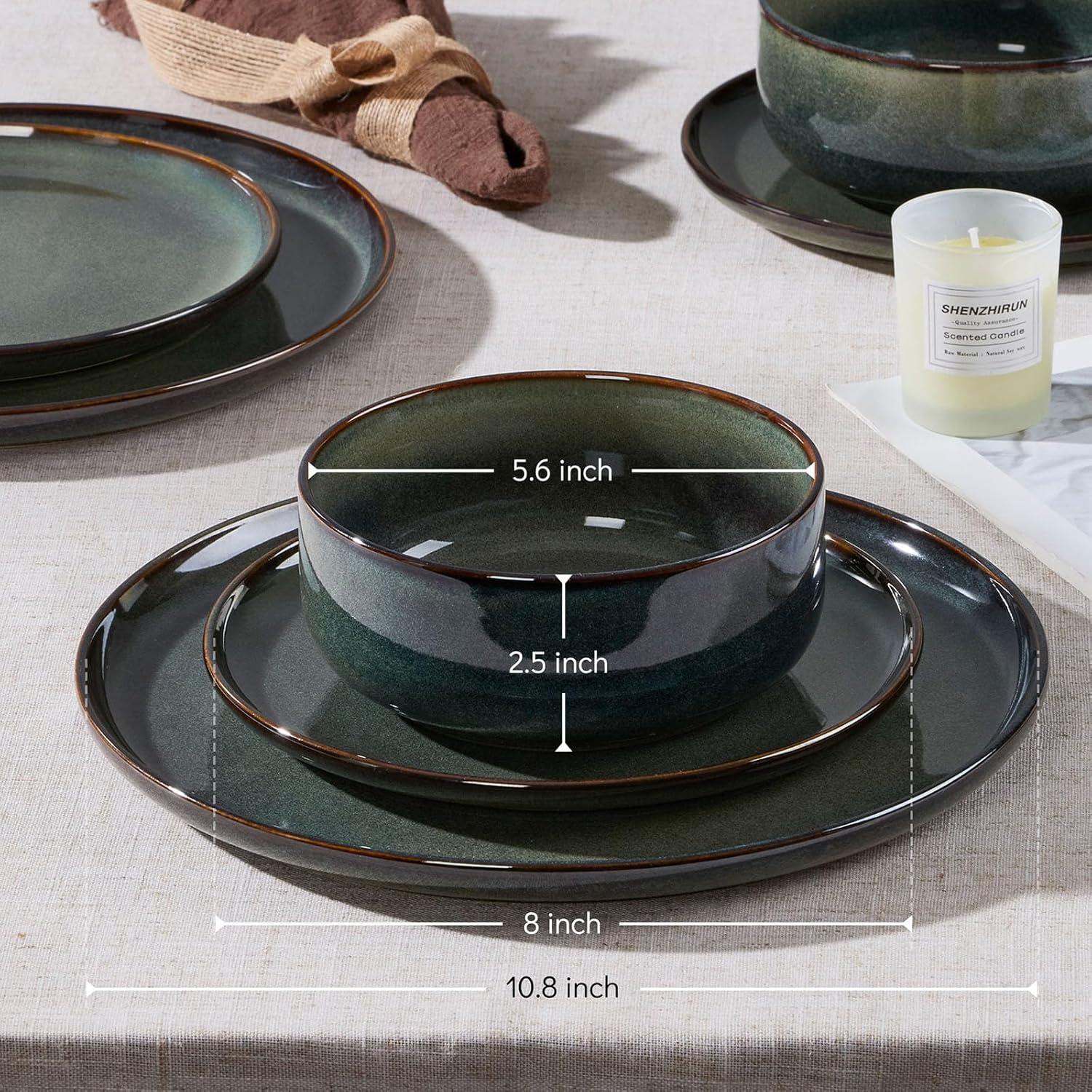 image:imageEfar Dinnerware Sets for 4 12Piece Stoneware Plates and Bowls Set Ceramic Dishes Reactive Glaze Dinning Ware Microwave amp Dishwasher Safe  Obsidian GreenObsidian Green