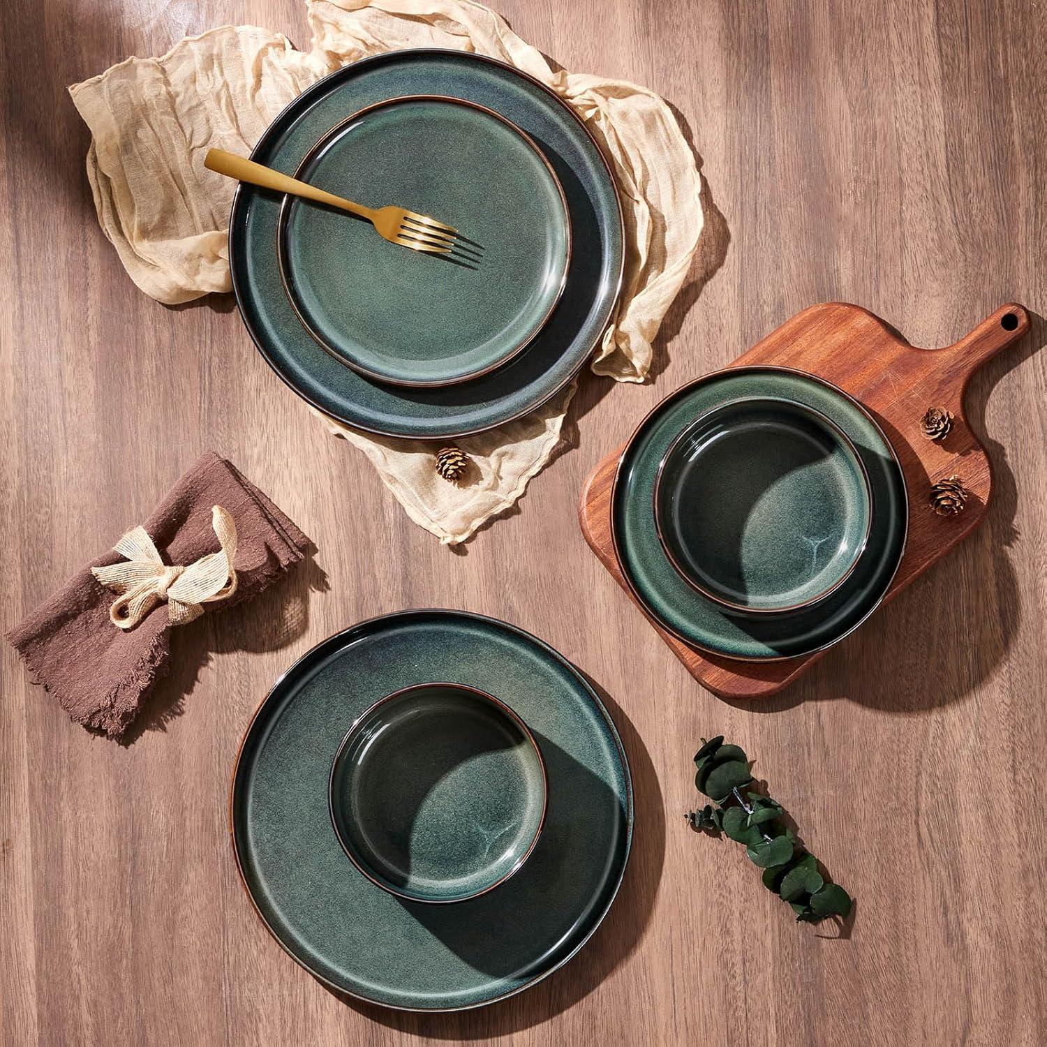 image:imageEfar Dinnerware Sets for 4 12Piece Stoneware Plates and Bowls Set Ceramic Dishes Reactive Glaze Dinning Ware Microwave amp Dishwasher Safe  Obsidian GreenObsidian Green