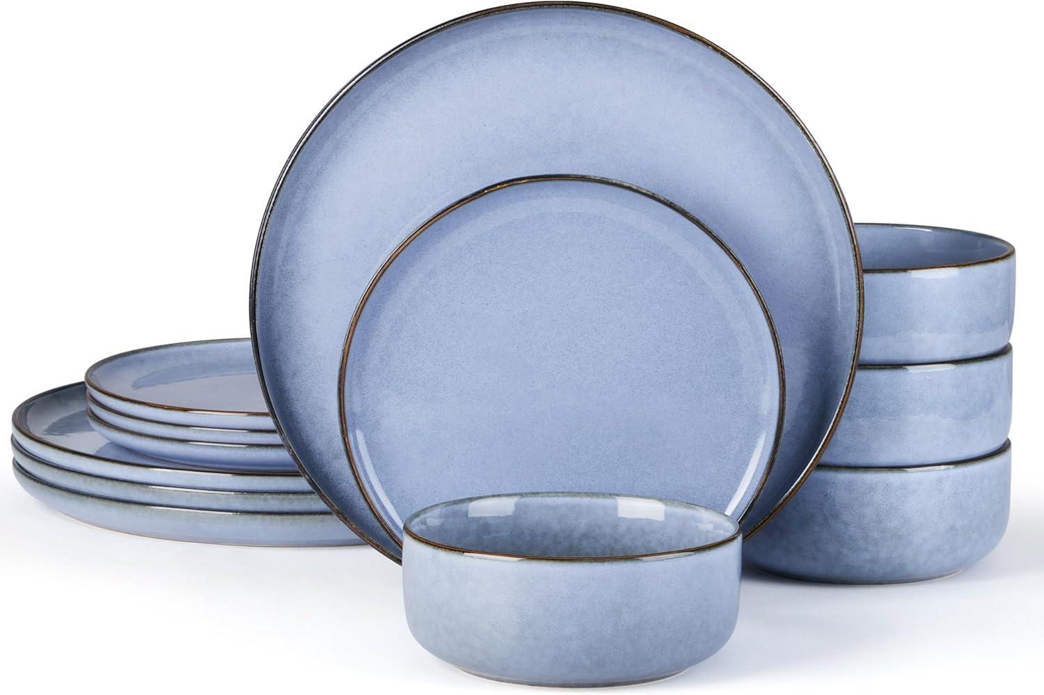image:imageEfar Dinnerware Sets for 4 12Piece Stoneware Plates and Bowls Set Ceramic Dishes Reactive Glaze Dinning Ware Microwave amp Dishwasher Safe  Obsidian GreenOcean Blue