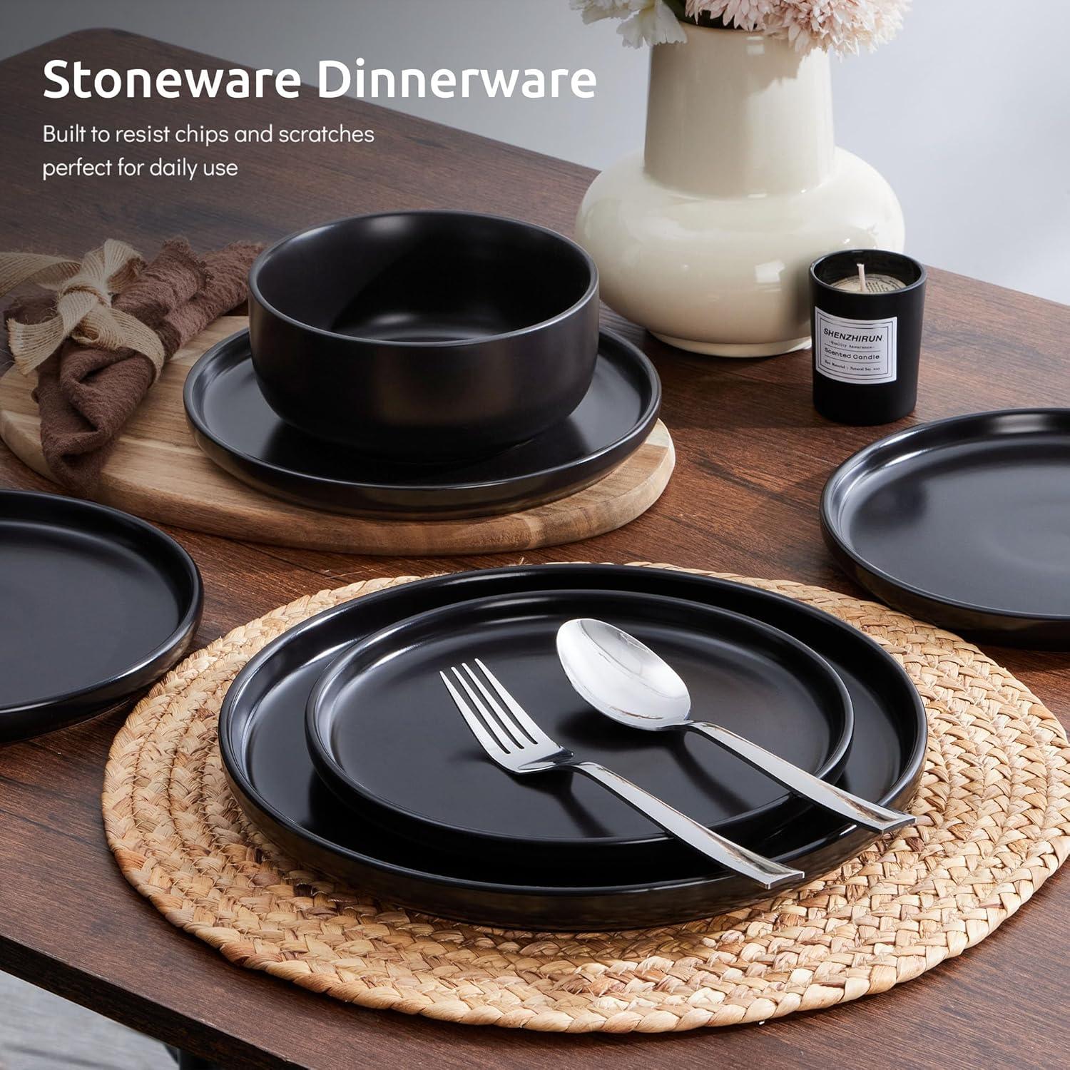 image:imageEfar Dinnerware Sets for 4 12Piece Stoneware Plates and Bowls Set Ceramic Dishes Reactive Glaze Dinning Ware Microwave amp Dishwasher Safe  Obsidian GreenMatte Black