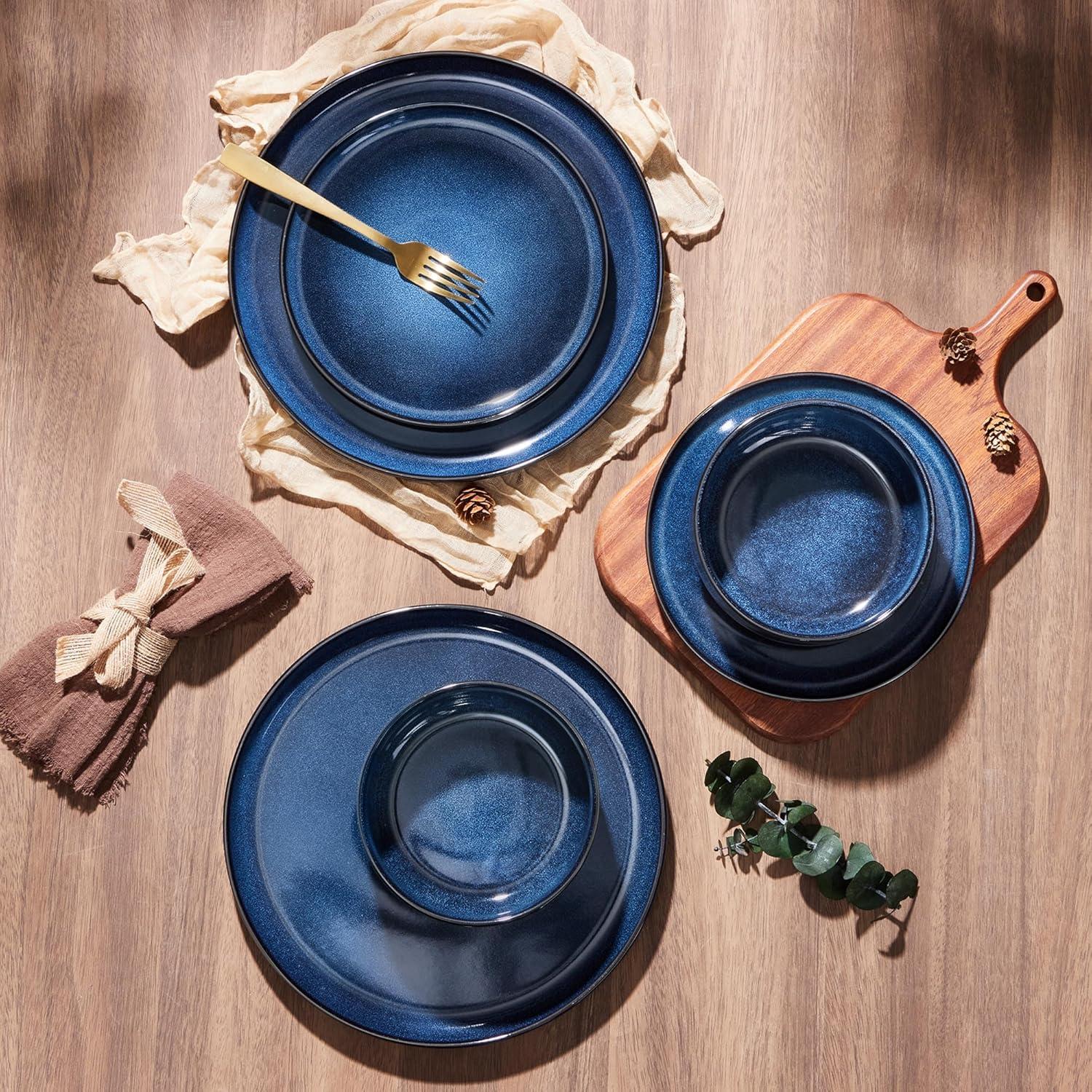 image:imageEfar Dinnerware Sets for 4 12Piece Stoneware Plates and Bowls Set Ceramic Dishes Reactive Glaze Dinning Ware Microwave amp Dishwasher Safe  Obsidian GreenDeep Sea Blue