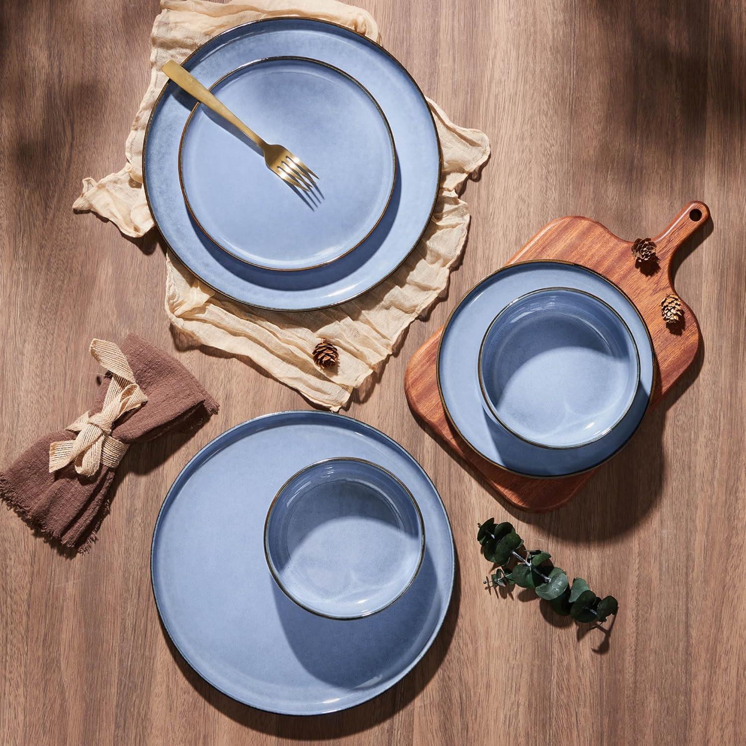 image:imageEfar Dinnerware Sets for 4 12Piece Stoneware Plates and Bowls Set Ceramic Dishes Reactive Glaze Dinning Ware Microwave amp Dishwasher Safe  Obsidian GreenOcean Blue