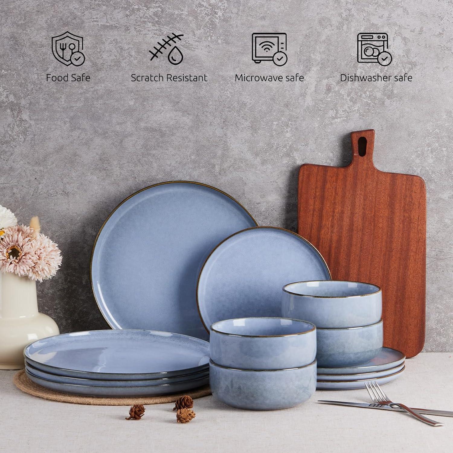 image:imageEfar Dinnerware Sets for 4 12Piece Stoneware Plates and Bowls Set Ceramic Dishes Reactive Glaze Dinning Ware Microwave amp Dishwasher Safe  Obsidian GreenOcean Blue