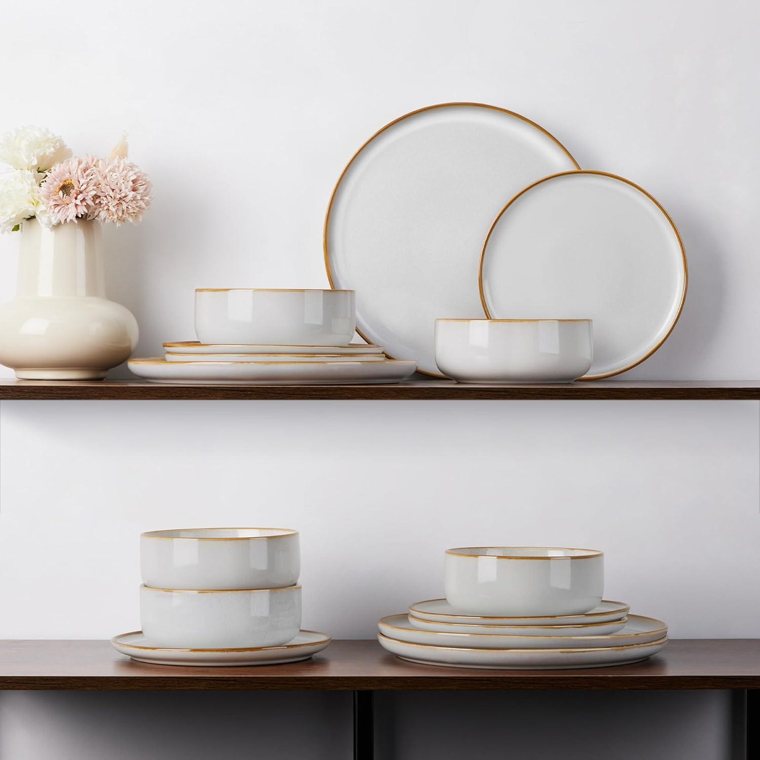 image:imageEfar Dinnerware Sets for 4 12Piece Stoneware Plates and Bowls Set Ceramic Dishes Reactive Glaze Dinning Ware Microwave amp Dishwasher Safe  Obsidian GreenSeashell White