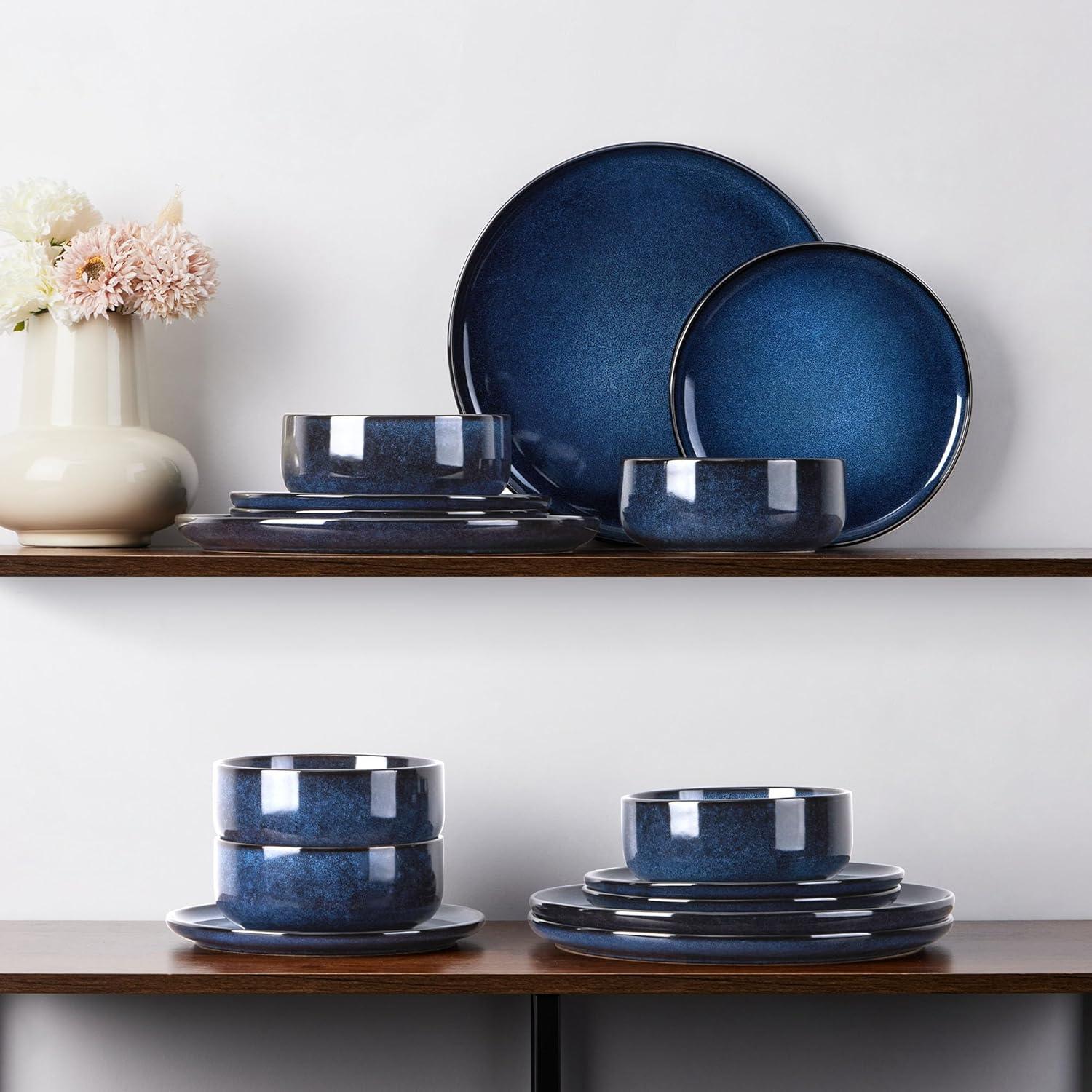 image:imageEfar Dinnerware Sets for 4 12Piece Stoneware Plates and Bowls Set Ceramic Dishes Reactive Glaze Dinning Ware Microwave amp Dishwasher Safe  Obsidian GreenDeep Sea Blue