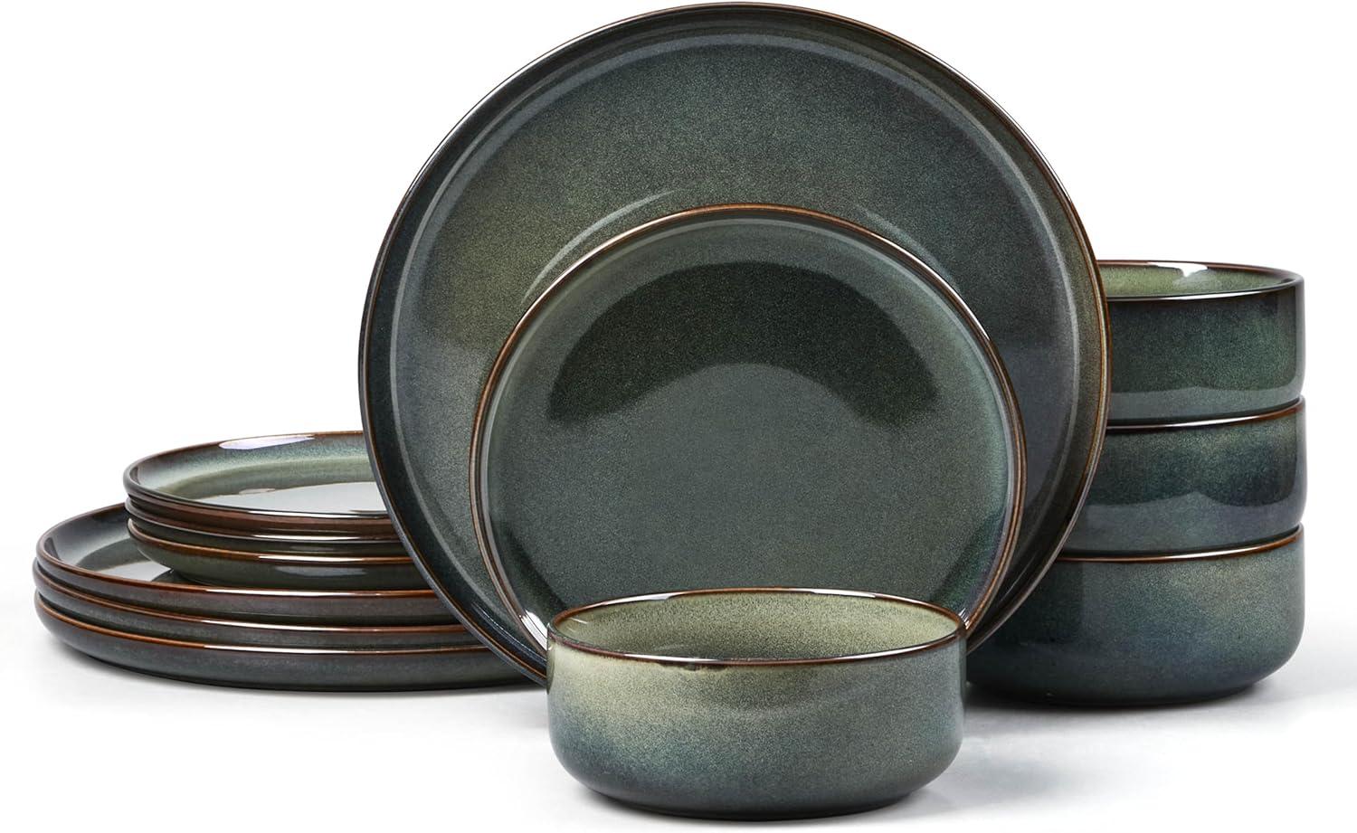 image:imageEfar Dinnerware Sets for 4 12Piece Stoneware Plates and Bowls Set Ceramic Dishes Reactive Glaze Dinning Ware Microwave amp Dishwasher Safe  Obsidian GreenObsidian Green