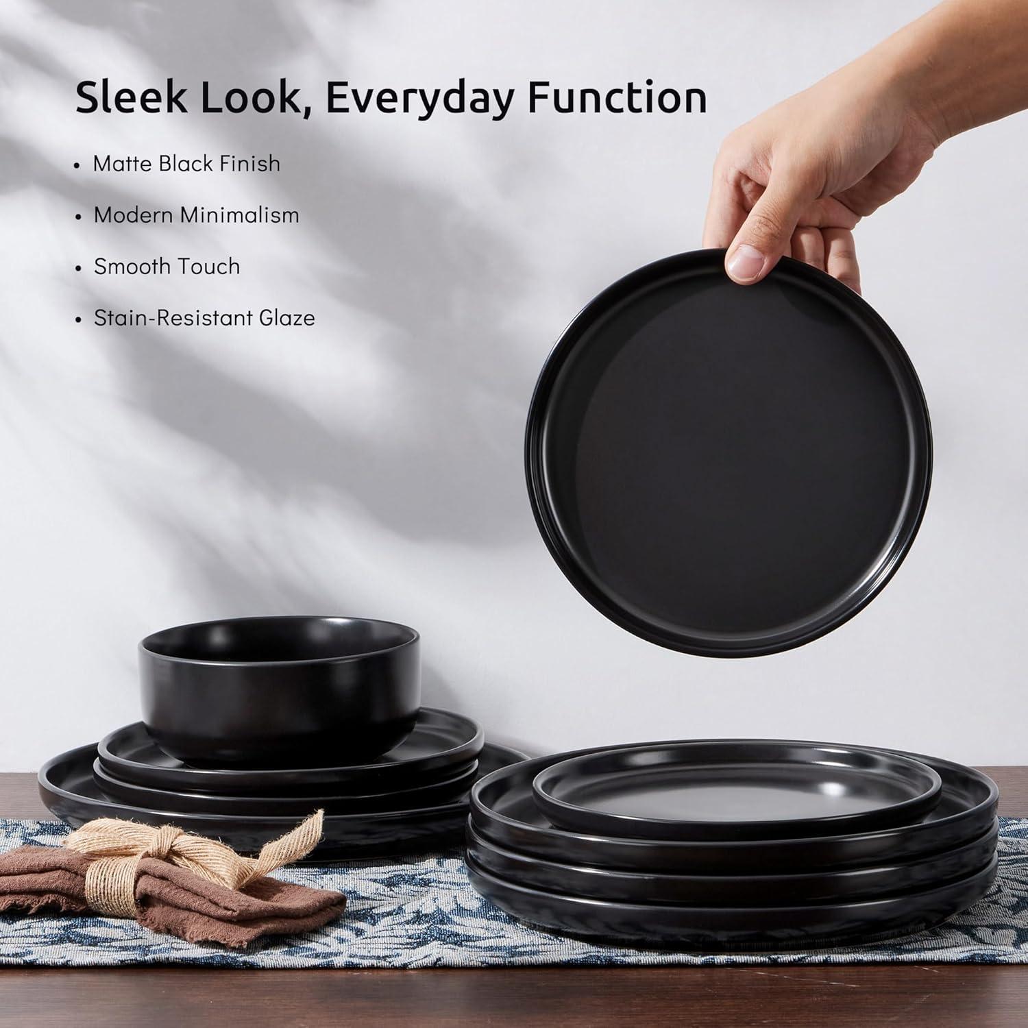 image:imageEfar Dinnerware Sets for 4 12Piece Stoneware Plates and Bowls Set Ceramic Dishes Reactive Glaze Dinning Ware Microwave amp Dishwasher Safe  Obsidian GreenMatte Black