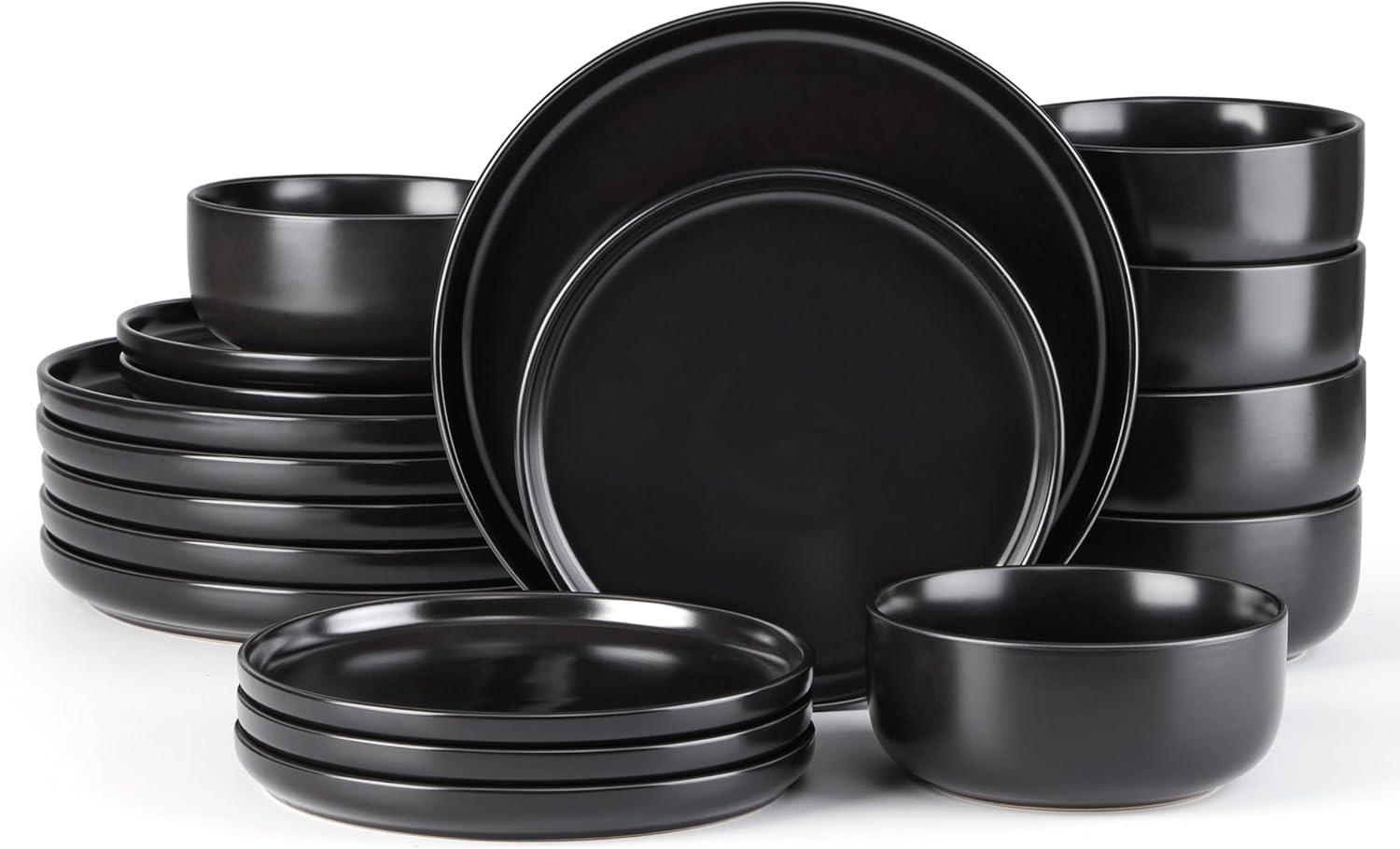 image:imageEfar Dinnerware Sets for 4 12Piece Stoneware Plates and Bowls Set Ceramic Dishes Reactive Glaze Dinning Ware Microwave amp Dishwasher Safe  Obsidian GreenMatte Black