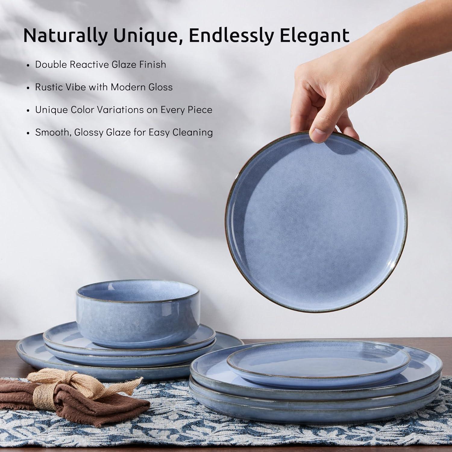 image:imageEfar Dinnerware Sets for 4 12Piece Stoneware Plates and Bowls Set Ceramic Dishes Reactive Glaze Dinning Ware Microwave amp Dishwasher Safe  Obsidian GreenOcean Blue