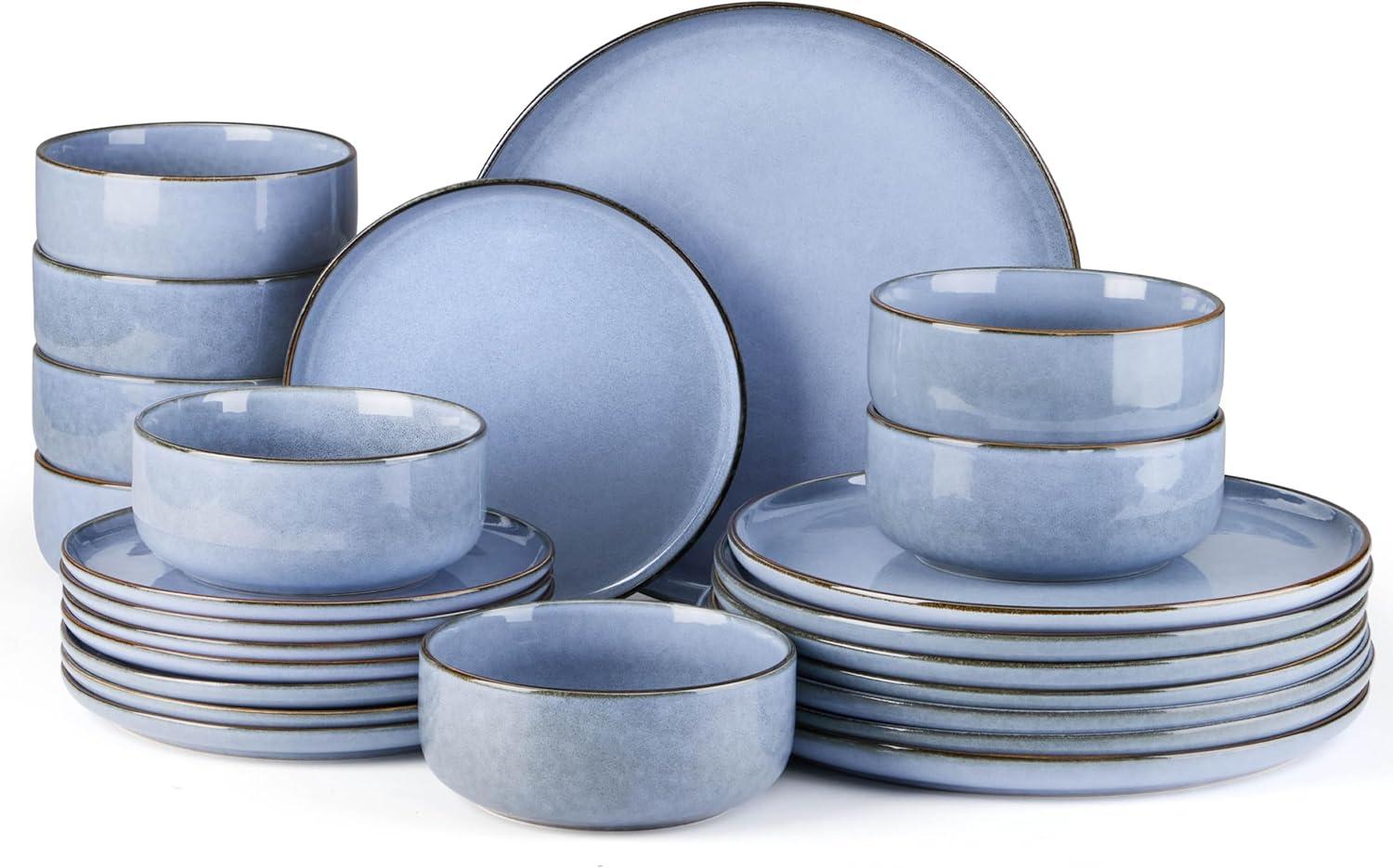 image:imageEfar Dinnerware Sets for 4 12Piece Stoneware Plates and Bowls Set Ceramic Dishes Reactive Glaze Dinning Ware Microwave amp Dishwasher Safe  Obsidian GreenOcean Blue
