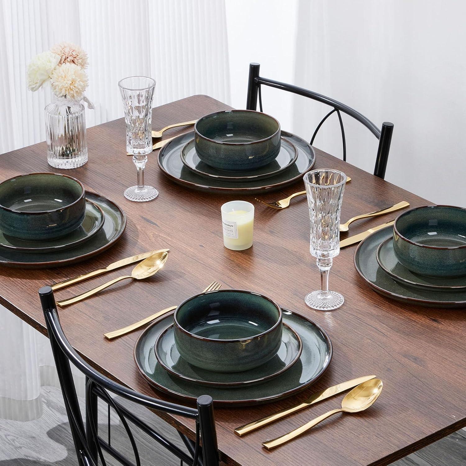 image:imageEfar Dinnerware Sets for 4 12Piece Stoneware Plates and Bowls Set Ceramic Dishes Reactive Glaze Dinning Ware Microwave amp Dishwasher Safe  Obsidian GreenObsidian Green