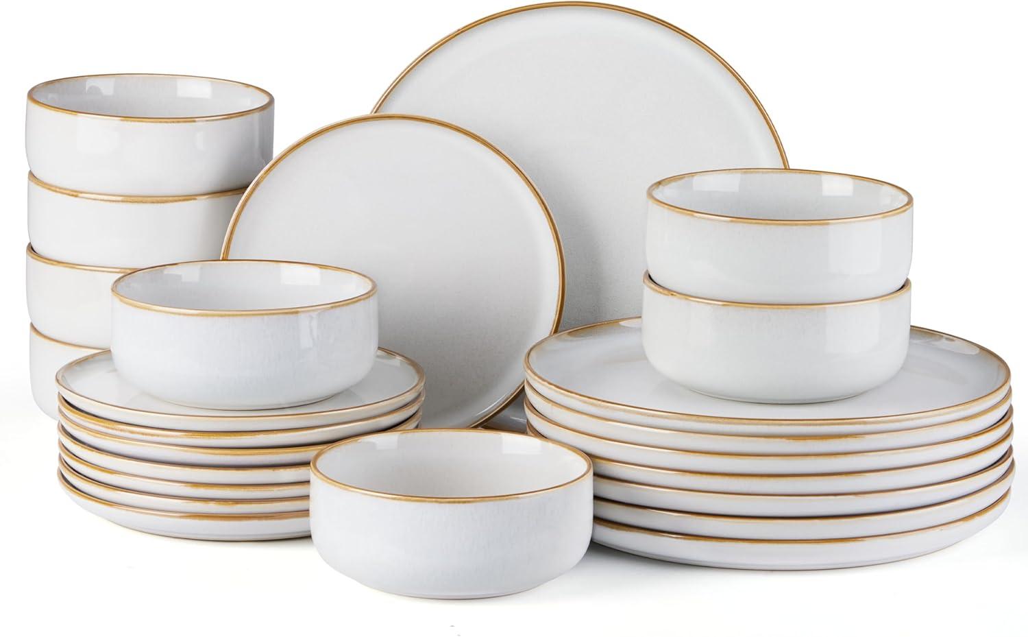 image:imageEfar Dinnerware Sets for 4 12Piece Stoneware Plates and Bowls Set Ceramic Dishes Reactive Glaze Dinning Ware Microwave amp Dishwasher Safe  Obsidian GreenSeashell White