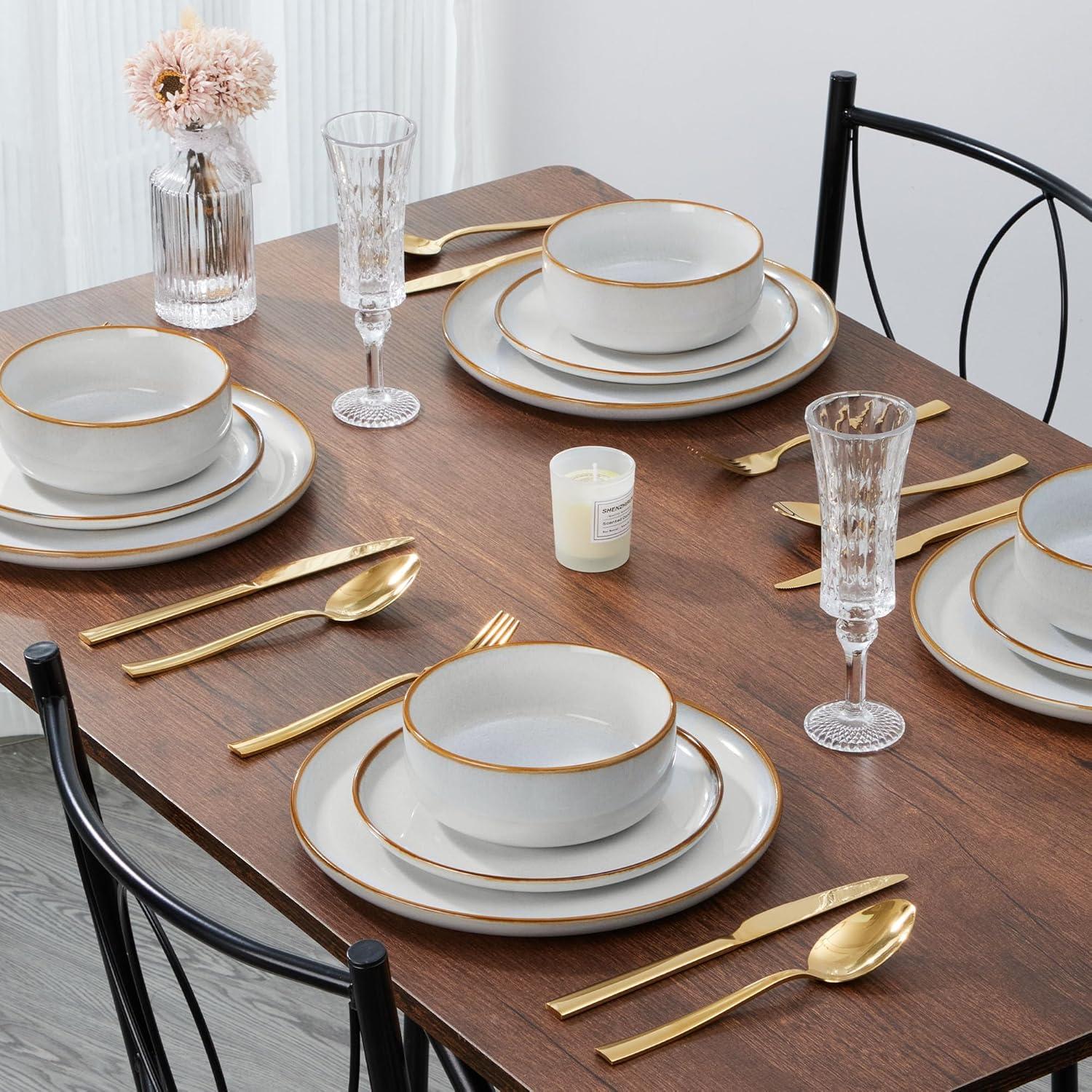 image:imageEfar Dinnerware Sets for 4 12Piece Stoneware Plates and Bowls Set Ceramic Dishes Reactive Glaze Dinning Ware Microwave amp Dishwasher Safe  Obsidian GreenSeashell White