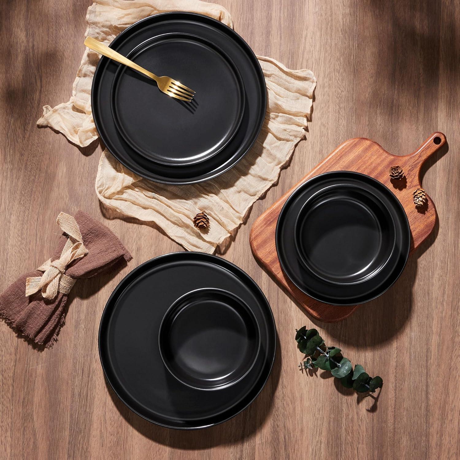 image:imageEfar Dinnerware Sets for 4 12Piece Stoneware Plates and Bowls Set Ceramic Dishes Reactive Glaze Dinning Ware Microwave amp Dishwasher Safe  Obsidian GreenMatte Black