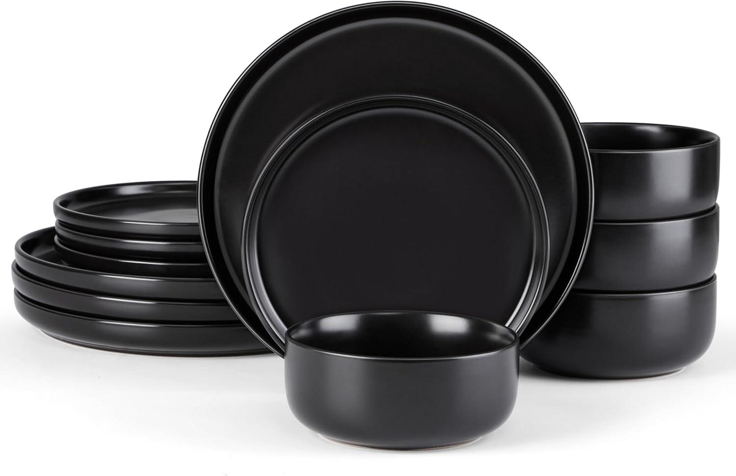 image:imageEfar Dinnerware Sets for 4 12Piece Stoneware Plates and Bowls Set Ceramic Dishes Reactive Glaze Dinning Ware Microwave amp Dishwasher Safe  Obsidian GreenMatte Black
