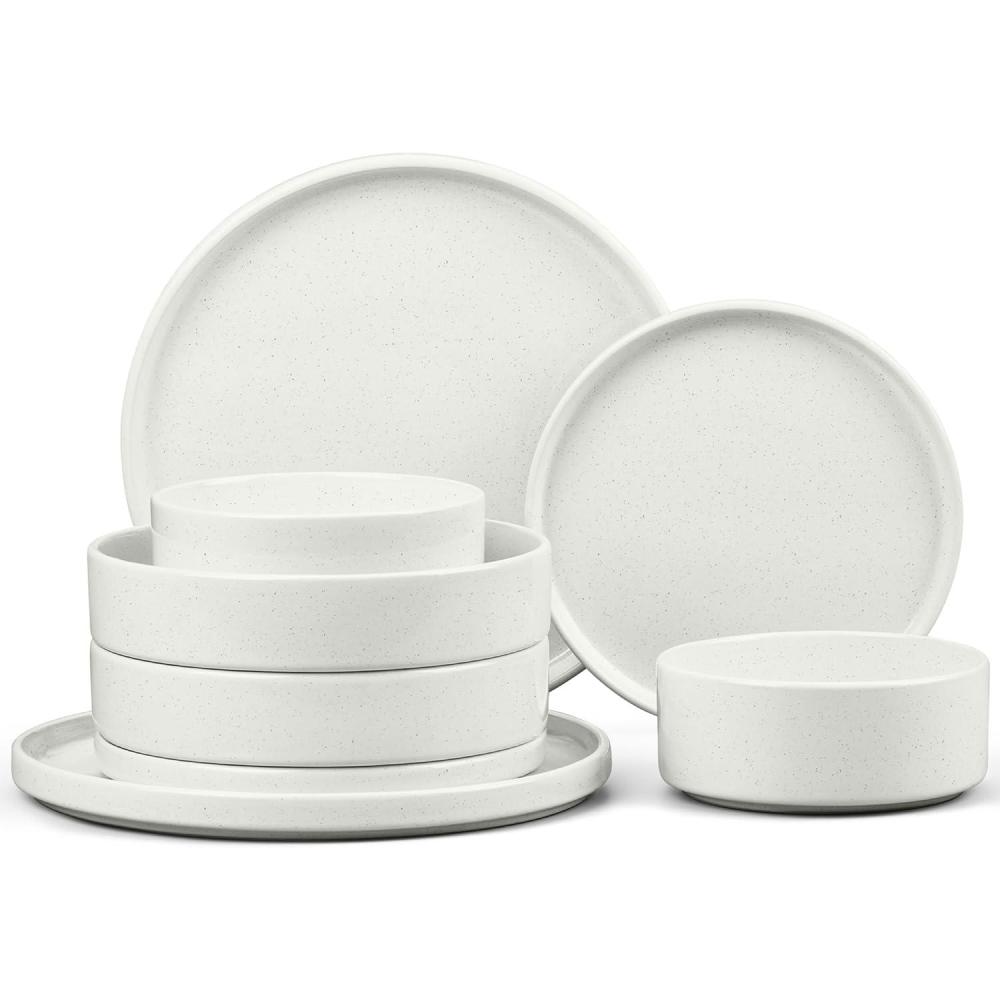 image:imageEfar 16Piece Black Plates and Bowls Sets  Stoneware Dinnerware Sets with Pasta Bowls for 4  Matte Black Kitchen Modern Dish Set Microwave amp Dishwasher SafeStone White