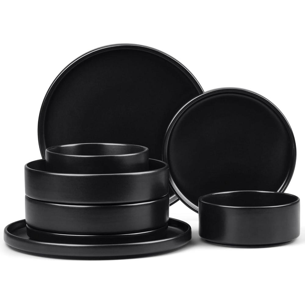 image:imageEfar 16Piece Black Plates and Bowls Sets  Stoneware Dinnerware Sets with Pasta Bowls for 4  Matte Black Kitchen Modern Dish Set Microwave amp Dishwasher SafeMatte Black