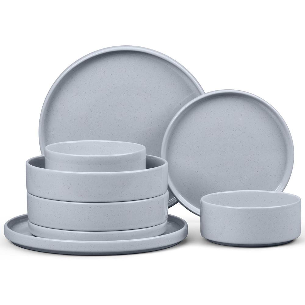 image:imageEfar 16Piece Black Plates and Bowls Sets  Stoneware Dinnerware Sets with Pasta Bowls for 4  Matte Black Kitchen Modern Dish Set Microwave amp Dishwasher SafeHaze Gray