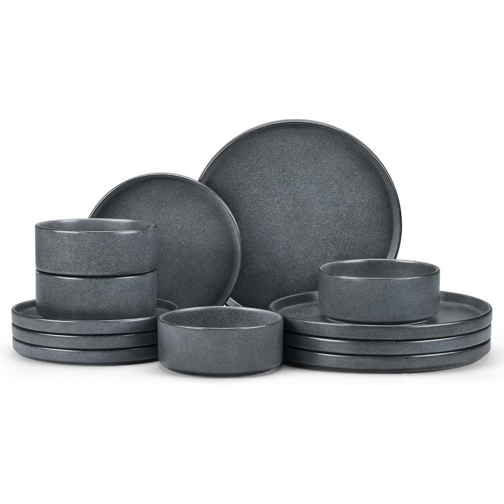 image:imageEfar 16Piece Black Plates and Bowls Sets  Stoneware Dinnerware Sets with Pasta Bowls for 4  Matte Black Kitchen Modern Dish Set Microwave amp Dishwasher SafeDeep Gray