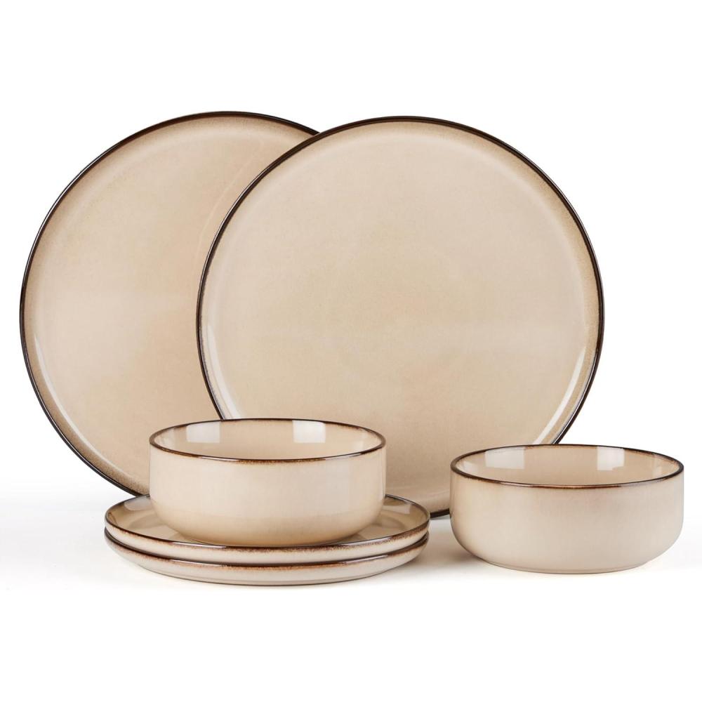 image:imageEfar Dinnerware Sets for 4 12Piece Stoneware Plates and Bowls Set Ceramic Dishes Reactive Glaze Dinning Ware Microwave amp Dishwasher Safe  Obsidian GreenSandy Beige