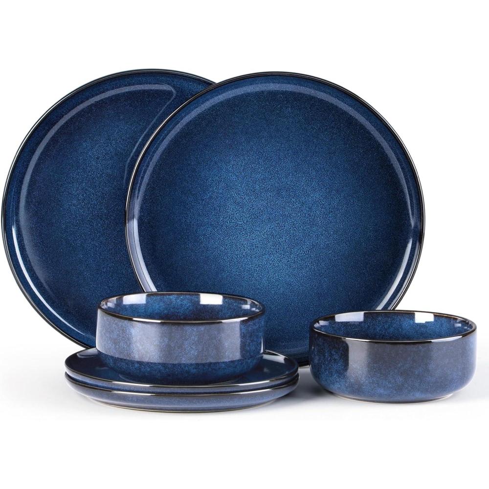 image:imageEfar Dinnerware Sets for 4 12Piece Stoneware Plates and Bowls Set Ceramic Dishes Reactive Glaze Dinning Ware Microwave amp Dishwasher Safe  Obsidian GreenDeep Sea Blue