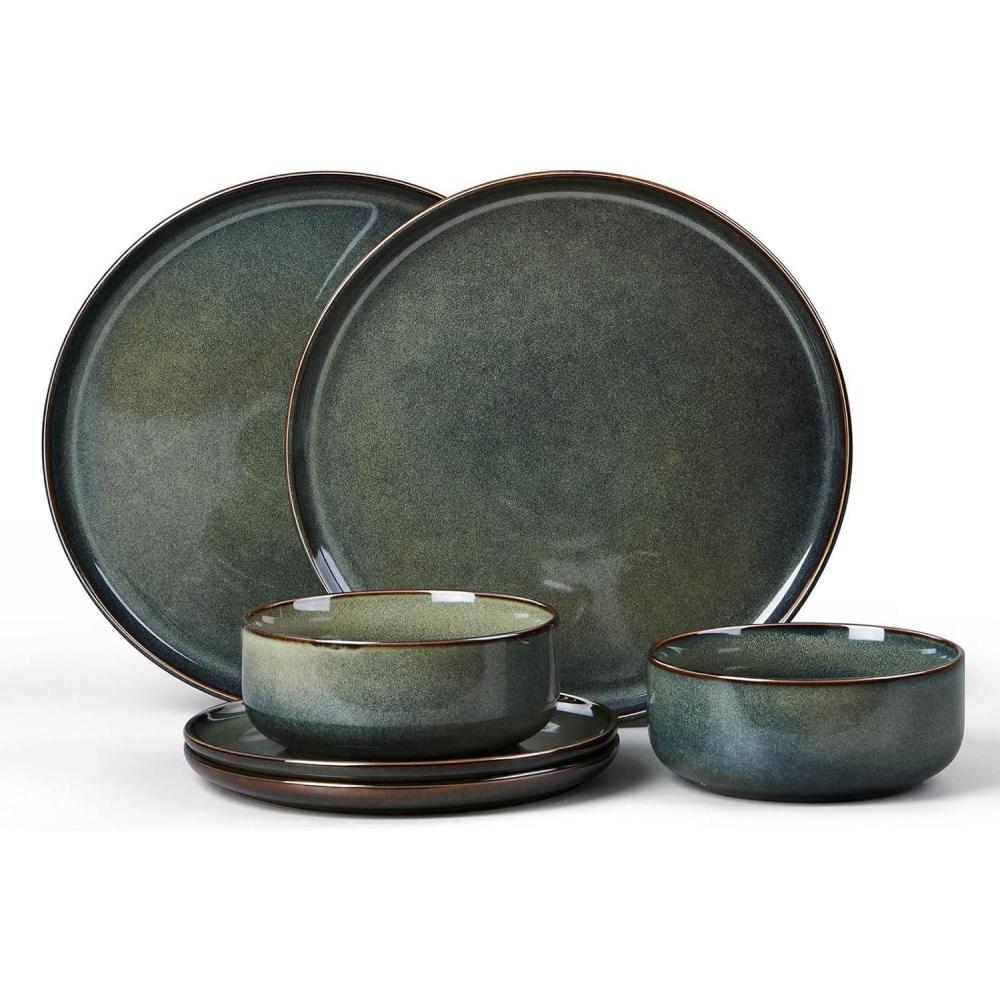 image:imageEfar Dinnerware Sets for 4 12Piece Stoneware Plates and Bowls Set Ceramic Dishes Reactive Glaze Dinning Ware Microwave amp Dishwasher Safe  Obsidian GreenObsidian Green