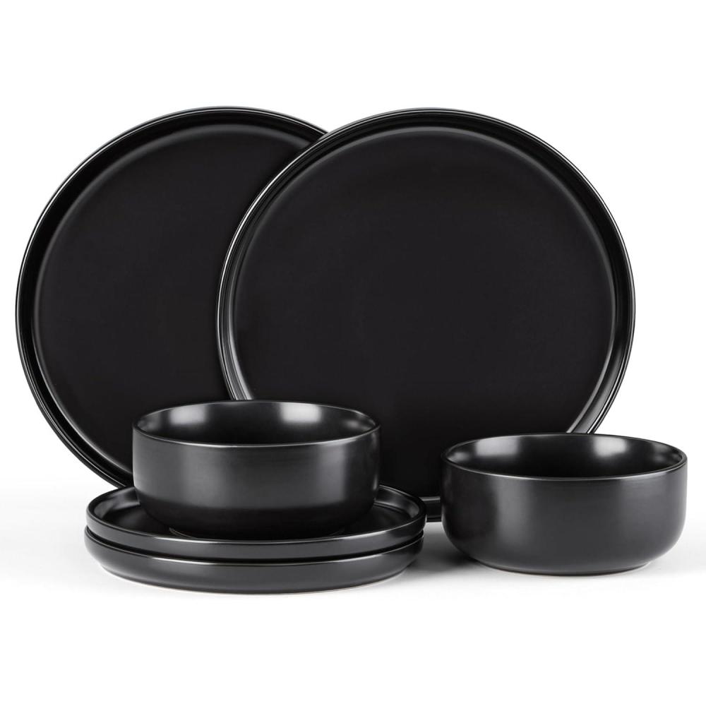 image:imageEfar Dinnerware Sets for 4 12Piece Stoneware Plates and Bowls Set Ceramic Dishes Reactive Glaze Dinning Ware Microwave amp Dishwasher Safe  Obsidian GreenMatte Black