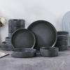 image:imageEfar 16Piece Black Plates and Bowls Sets  Stoneware Dinnerware Sets with Pasta Bowls for 4  Matte Black Kitchen Modern Dish Set Microwave amp Dishwasher SafeDeep Gray