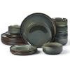 image:imageEfar Dinnerware Sets for 4 12Piece Stoneware Plates and Bowls Set Ceramic Dishes Reactive Glaze Dinning Ware Microwave amp Dishwasher Safe  Obsidian GreenObsidian Green