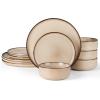 image:imageEfar Dinnerware Sets for 4 12Piece Stoneware Plates and Bowls Set Ceramic Dishes Reactive Glaze Dinning Ware Microwave amp Dishwasher Safe  Obsidian GreenSandy Beige