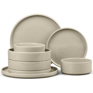 image:imageEfar 16Piece Black Plates and Bowls Sets  Stoneware Dinnerware Sets with Pasta Bowls for 4  Matte Black Kitchen Modern Dish Set Microwave amp Dishwasher SafeDeep Khaki