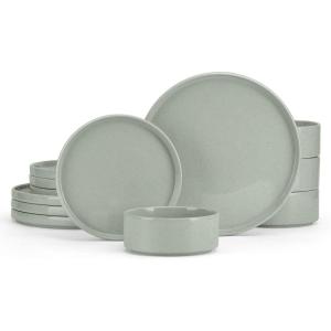 image:imageEfar 16Piece Black Plates and Bowls Sets  Stoneware Dinnerware Sets with Pasta Bowls for 4  Matte Black Kitchen Modern Dish Set Microwave amp Dishwasher SafeMist Green