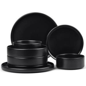 image:imageEfar 16Piece Black Plates and Bowls Sets  Stoneware Dinnerware Sets with Pasta Bowls for 4  Matte Black Kitchen Modern Dish Set Microwave amp Dishwasher SafeMatte Black