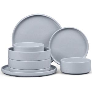 image:imageEfar 16Piece Black Plates and Bowls Sets  Stoneware Dinnerware Sets with Pasta Bowls for 4  Matte Black Kitchen Modern Dish Set Microwave amp Dishwasher SafeHaze Gray