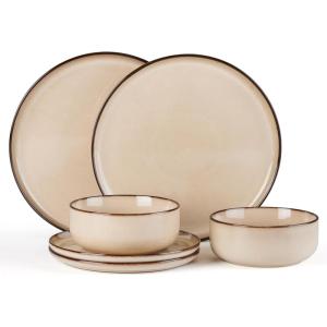 image:imageEfar Dinnerware Sets for 4 12Piece Stoneware Plates and Bowls Set Ceramic Dishes Reactive Glaze Dinning Ware Microwave amp Dishwasher Safe  Obsidian GreenSandy Beige
