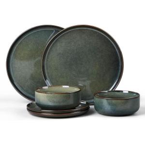 image:imageEfar Dinnerware Sets for 4 12Piece Stoneware Plates and Bowls Set Ceramic Dishes Reactive Glaze Dinning Ware Microwave amp Dishwasher Safe  Obsidian GreenObsidian Green