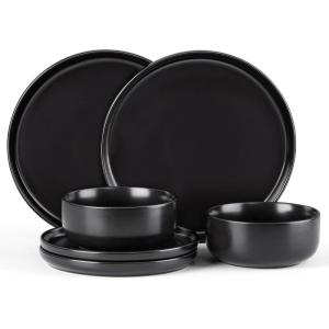 image:imageEfar Dinnerware Sets for 4 12Piece Stoneware Plates and Bowls Set Ceramic Dishes Reactive Glaze Dinning Ware Microwave amp Dishwasher Safe  Obsidian GreenMatte Black