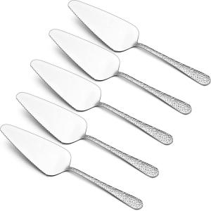 image:imageEfar 5Piece Pie Server Stainless Steel Cake Server Spatula Cutter for Pastry Cheese Pizza Serrated Edge with Oval Handle Mirror Polished amp Dishwasher Safe9 InchHammered Round Handles