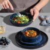 image:imageEfar 16Piece Black Plates and Bowls Sets with Pasta Bowls  Stoneware Dinnerware Set for 4 Modern Ribbed Matte Black Kitchen Dishes Microwave amp Dishwasher SafeStarry Blue