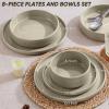 image:imageEfar 8Piece Plates and Bowls Sets  Stoneware Dinnerware Sets with Pasta Bowls for 2  Microwave amp Dishwasher Safe Kitchen Modern Dish Set Speckled GreenDeep Khaki