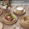 image:imageEfar Stoneware Dinnerware Sets for 2 6Piece Plates and Bowls Sets Chip amp Scratch Resistant Ribbed Dish Set for Home Restaurant Microwave amp Dishwasher Safe Blackish GreenCaramel Khaki