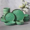 image:imageEfar 16Piece Black Plates and Bowls Sets with Pasta Bowls  Stoneware Dinnerware Set for 4 Modern Ribbed Matte Black Kitchen Dishes Microwave amp Dishwasher SafeReactive Green