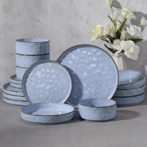 image:imageEfar 16Piece Black Plates and Bowls Sets with Pasta Bowls  Stoneware Dinnerware Set for 4 Modern Ribbed Matte Black Kitchen Dishes Microwave amp Dishwasher SafeReactive Blue