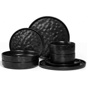 image:imageEfar 16Piece Black Plates and Bowls Sets with Pasta Bowls  Stoneware Dinnerware Set for 4 Modern Ribbed Matte Black Kitchen Dishes Microwave amp Dishwasher SafeMatte Black