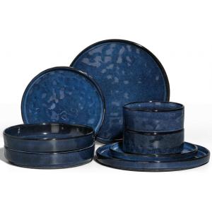 image:imageEfar 16Piece Black Plates and Bowls Sets with Pasta Bowls  Stoneware Dinnerware Set for 4 Modern Ribbed Matte Black Kitchen Dishes Microwave amp Dishwasher SafeStarry Blue