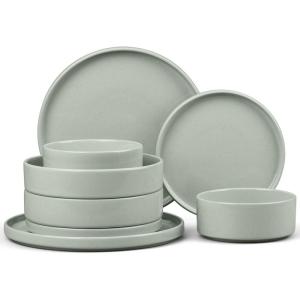 image:imageEfar 8Piece Plates and Bowls Sets  Stoneware Dinnerware Sets with Pasta Bowls for 2  Microwave amp Dishwasher Safe Kitchen Modern Dish Set Speckled GreenMist Green