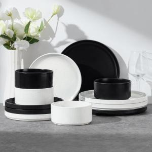 image:imageEfar Stoneware Dinnerware Sets for 2 6Piece Plates and Bowls Sets Chip amp Scratch Resistant Ribbed Dish Set for Home Restaurant Microwave amp Dishwasher Safe Blackish GreenSpeckled White  Matte Black