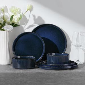 image:imageEfar Stoneware Dinnerware Sets for 2 6Piece Plates and Bowls Sets Chip amp Scratch Resistant Ribbed Dish Set for Home Restaurant Microwave amp Dishwasher Safe Blackish GreenMidnight Blue