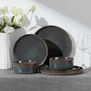image:imageEfar Stoneware Dinnerware Sets for 2 6Piece Plates and Bowls Sets Chip amp Scratch Resistant Ribbed Dish Set for Home Restaurant Microwave amp Dishwasher Safe Blackish GreenBlackish Green